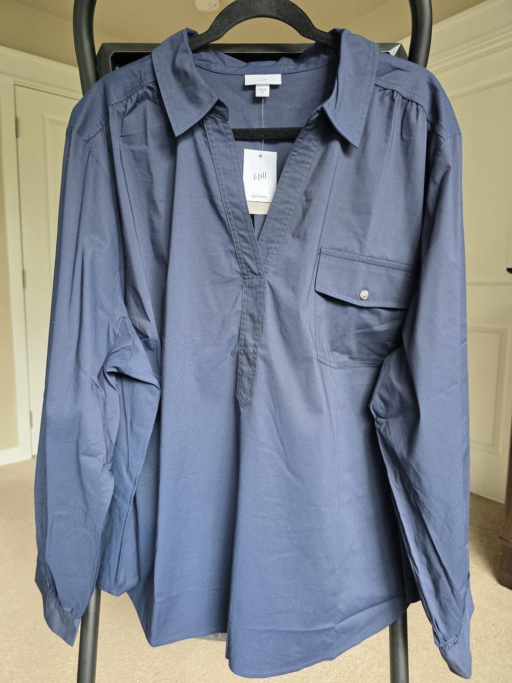 NWT J.Jill Shirred Cotton Stretch Long Sleeve Top Navy 4X